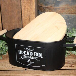 Black White Organic Bread Bin Metal & Wood Farmhouse Bread Storage Decor Bucket